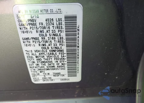 2011 Nissan Rogue S из США, поврежденный, VIN JN8AS5MV0BW251042